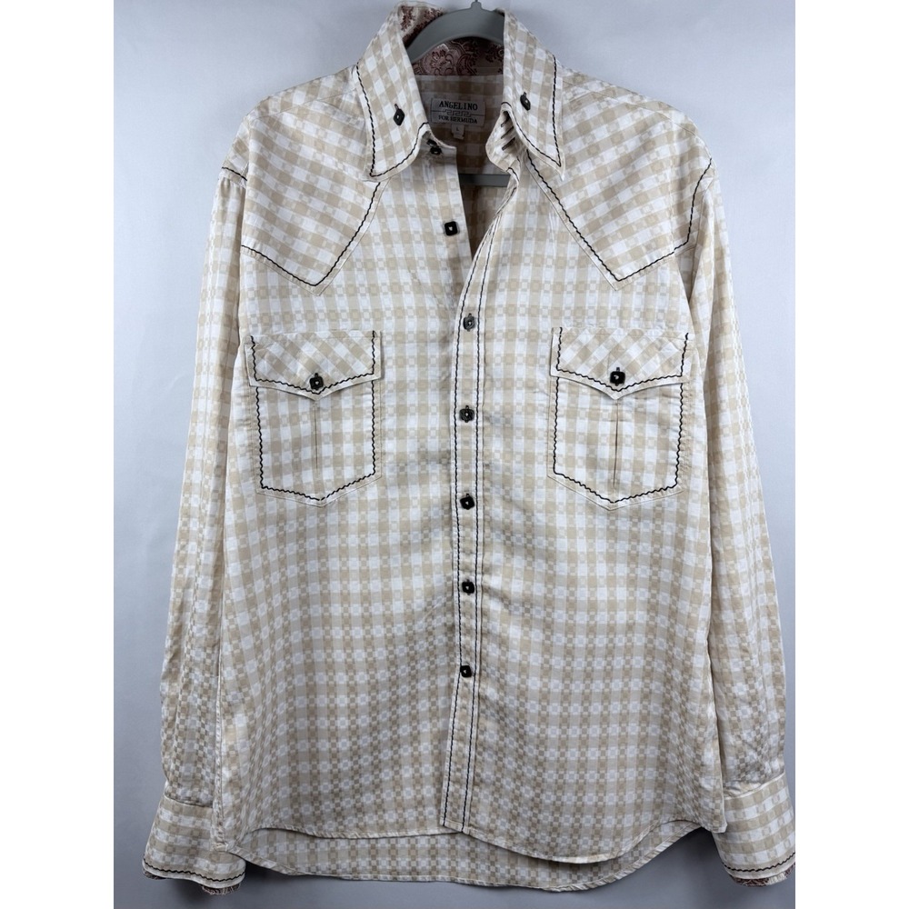 Angelino for Bermuda Men's L Western Shirt Beige Check Paisley Pearl Snap Style